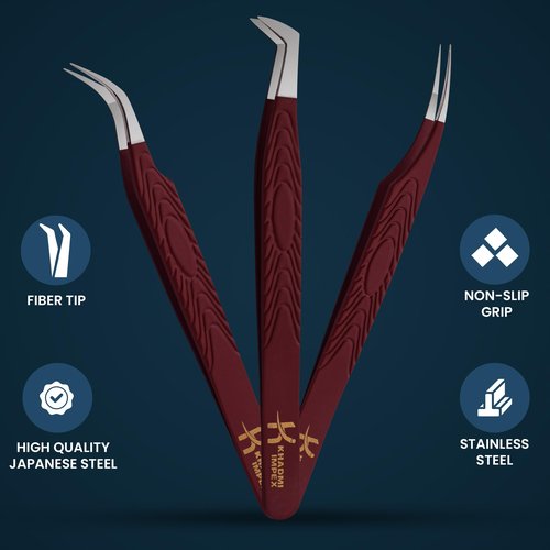Eyelash Extension Tweezers, KHADMI IMPEX Fiber Tip Lash Tweezers - Set of 3 Eyelash Tweezers - Straight and Curved And Volume Eye Lash Tweezers for Extensions (Maroon)
