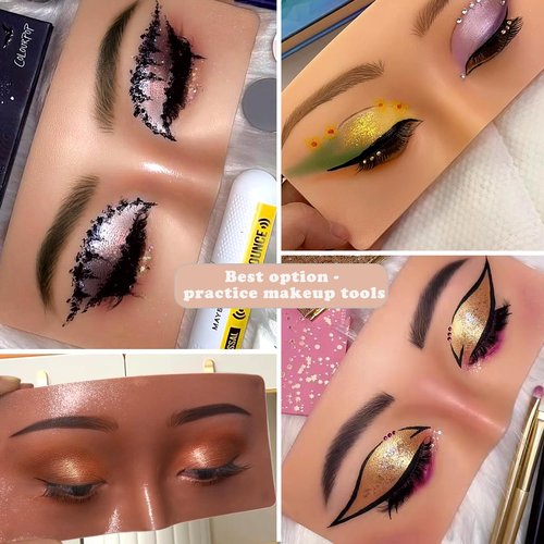Penugo Silicone Mannequin Face for Makeup Practice Board with Makeup Brushes, Rhinestones Sticker (Wheat Colored)