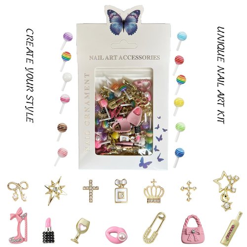 Pizadix 84 pcs 3D Gold Pink Nail Charms Y2K Set Cute Nail Charms with Stars, Crowns, Crosses,Bins,Lollipops, Lips, Bottles, Cups, Perfume, Lipsticks, Bags, and Heels for Nail Art