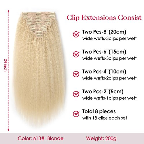 OLQZJZJ Kinky Straight Clip In Hair Extensions,24inch 200G 8pcs,100% Pure Protein Fiber Close to Human Hair,Blonde Full Head Double Weft Invisible Yaki Clip Ins for Women (#613,24inch)