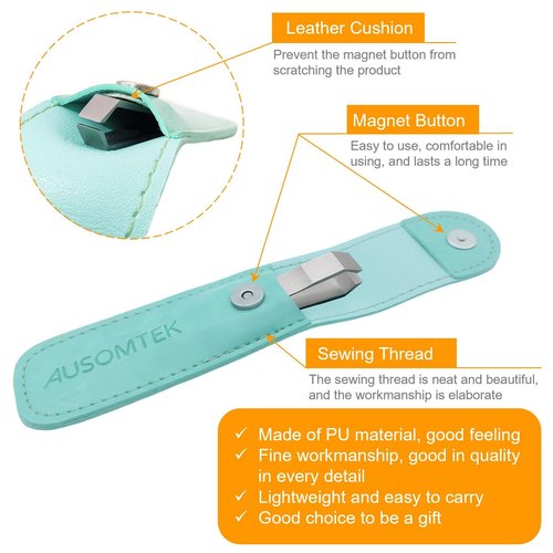AUSOMTEK Beard & Hair Plucking Tweezers, Fine Eyebrow Tool, Stainless Steel, 10mm Tip, Anti-Slip Slot Design, Cyan PU Case