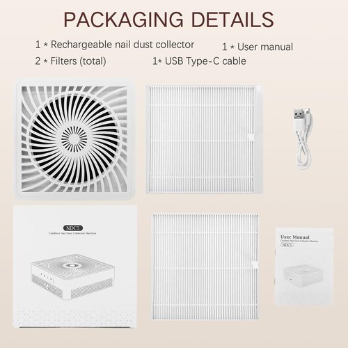 Nail Dust Collector Rechargeable, Powerful Suction Cordless Nail Vacuum Fan Dust Collector with 4500RPM Brushless Motor for Acrylic Nail Polishing Salon Home Use, NDC5