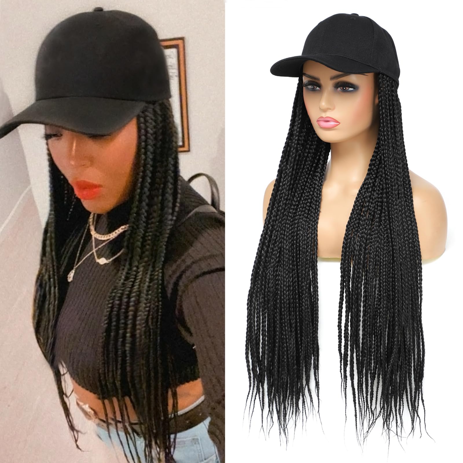 Yunkang Hat Wig for Women Baseball Cap with Braided Hair Attached Synthetic Black Box Braid Wig Hat Adjustable Cap with 24inch Black Braids for Daily Outdoor Use