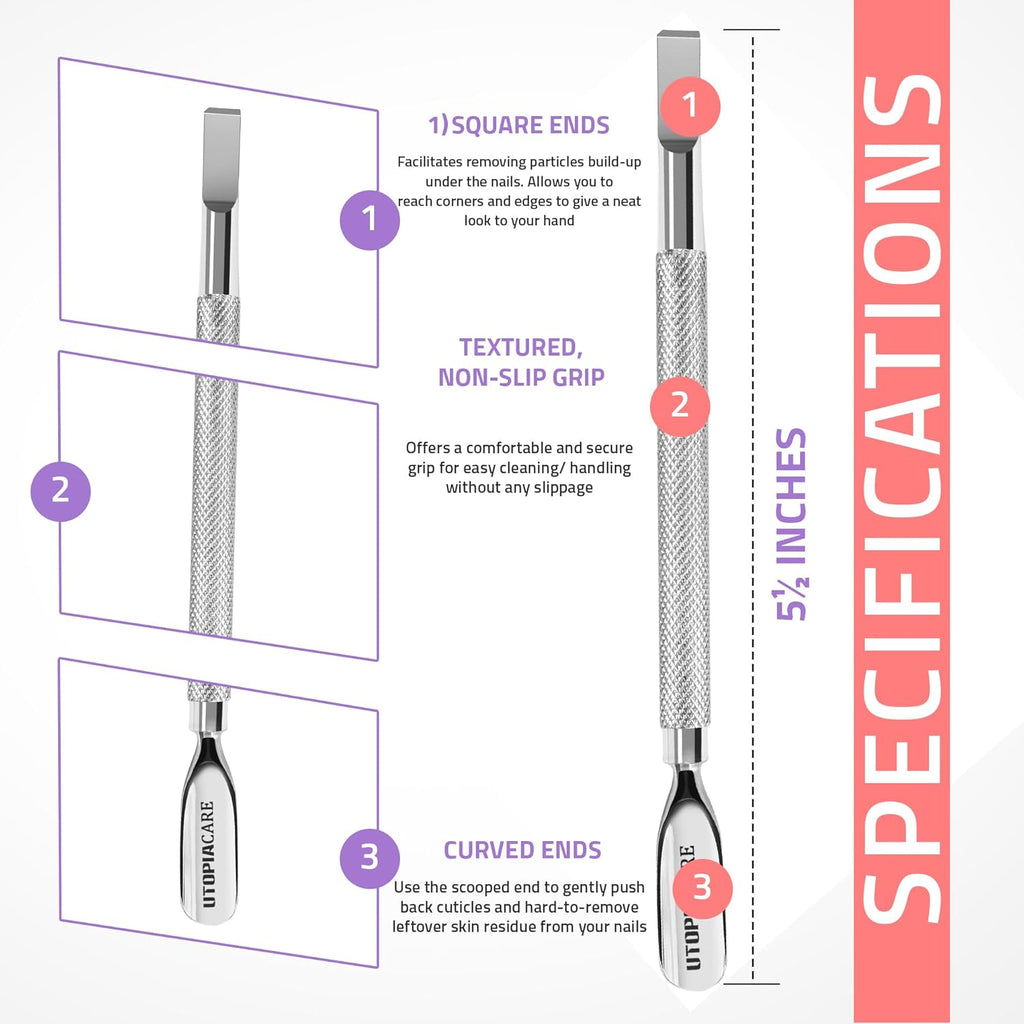 Utopia Care Cuticle Pusher Tool - Professional Stainless Steel Nail Cleaner & Remover | Durable Manicure & Pedicure Tool, Silver