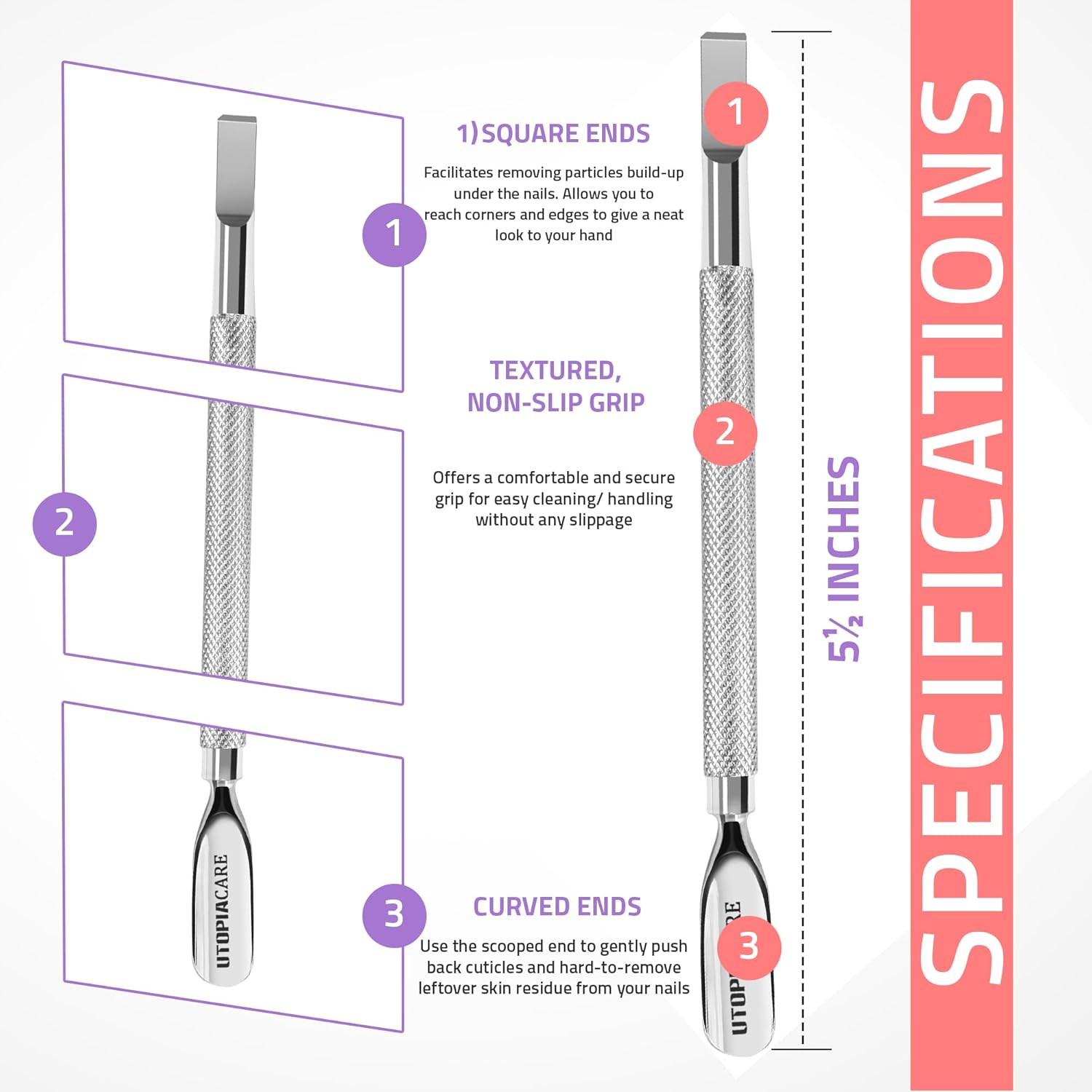 Utopia Care Cuticle Pusher Tool - Professional Stainless Steel Nail Cleaner & Remover | Durable Manicure & Pedicure Tool, Silver