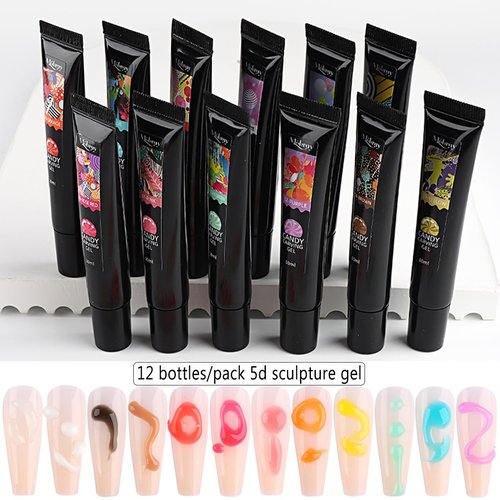 Fcozpjk 3D Sculpting Gel for Nail Art, 12 Colors Soft Modeling Nail Gels, Embossing Liner Polish, Neon Green Yellow Pink Gel Polish Summer Design, Wire Wave Painting Jelly Gels Manicure Kit