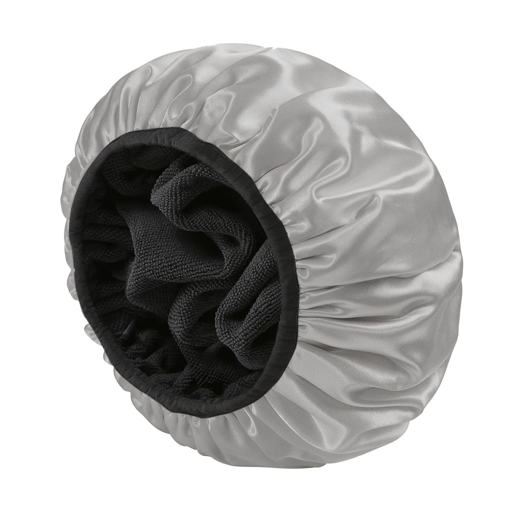 YIZIJIZI Triple Layer Reusable Waterproof Shower Cap for Women Large Terry Lined Hair Cap for Long Thick Hair Travel Bath Care Grey