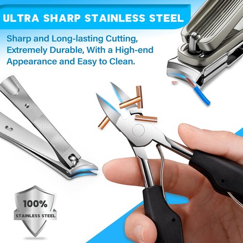8-in-1 Heavy Duty Toenail & Fingernail Clippers for Seniors Men with Thick & Ingrown Nails - Manicure Pedicure Kit with 360° Swivel Head - Professional Wide Jaw Podiatrist Tools