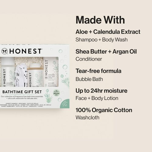 The Honest Company Fragrance-Free Bathtime Gift Set, Hypoallergenic, Bath Essentials for Sensitive Skin, Shampoo and Body Wash, Face Lotion, Bubble Bath, Conditioner, Wash Cloth