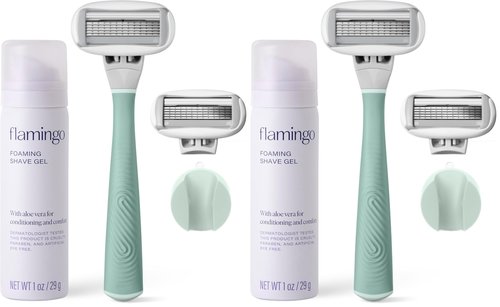 Flamingo 5-Blade Razors | for Women | Handle + Gel + Holder | Sage | Pack of 2