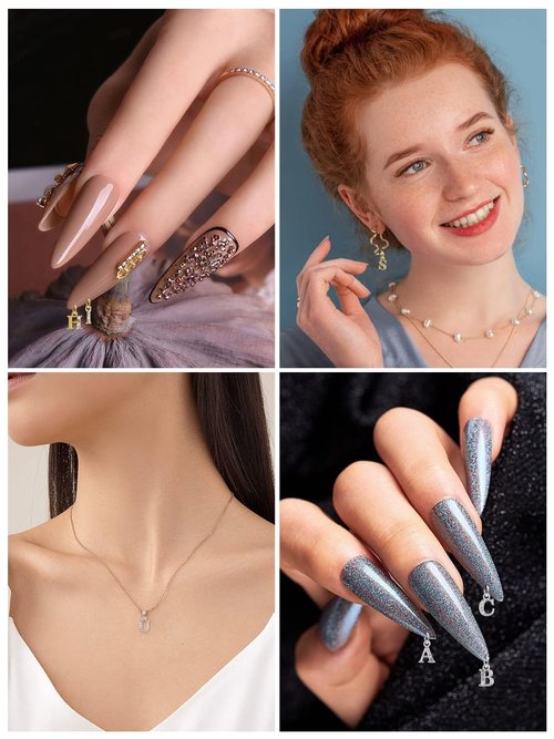 Kalolary Letter Dangle Nail Charm for Valentine's Day, 3D Piercing Alphabet Rhinestone Alloy Jewelry Hoops with Nail Piercing Tool Hand Drill for Birthday Nail Art Decoration