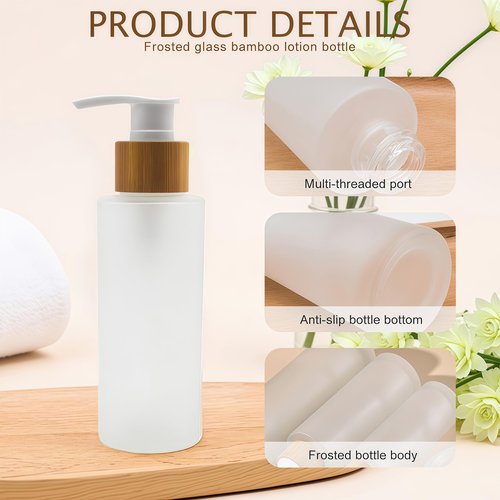 ericotry 1PCS Empty Refillable Frosted Glass Pump Bottle with Bamboo Pump Head Toiletries Storage Containers for Bath Shower Shampoo Hair-Conditioner Cleanser (150ml/5oz)