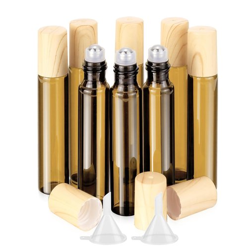 Newzoll 10mL(1/3 Oz) Amber Glass Roll On Bottles, 8 Pack Leak Proof Refillable Roller Bottles for Essential Oils, Perfume, DIY Craft, Samples, Eye Roller, Travel Portable