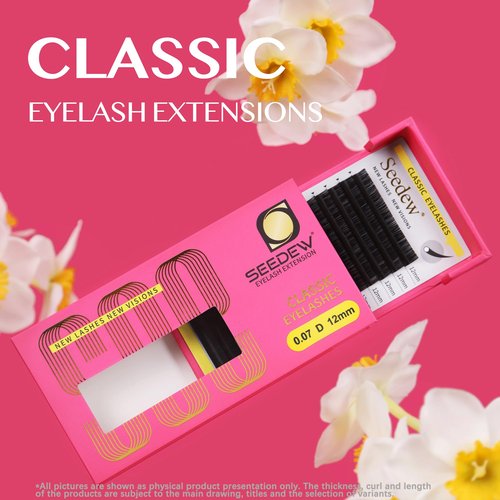 SEEDEW Classic Individual Eyelash Extensions, 7mm C Curl 0.15mm 16 Rows/Tray, Single Natural Soft Lightweight Short Bottom Lashes Grafting Supplies for Lash Artists Salons (Matte Black-0.15-C-7mm)