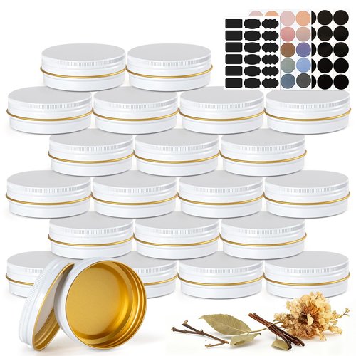 LIYAR Aluminum 2oz Tins with Lids (48 Pack), Empty Salve Tins Round Tin with Lids, Metal Containers for Salve, Homemade Balm, DIY Lotion Bars & Travel Storage - Recyclable, Durable (White and Gold)
