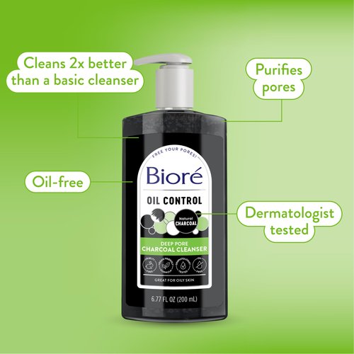 Biore Deep Pore Charcoal Face Wash, Daily Facial Cleanser for Dirt & Makeup Removal, for Oily Skin, 6.77 Oz, Pack of 3