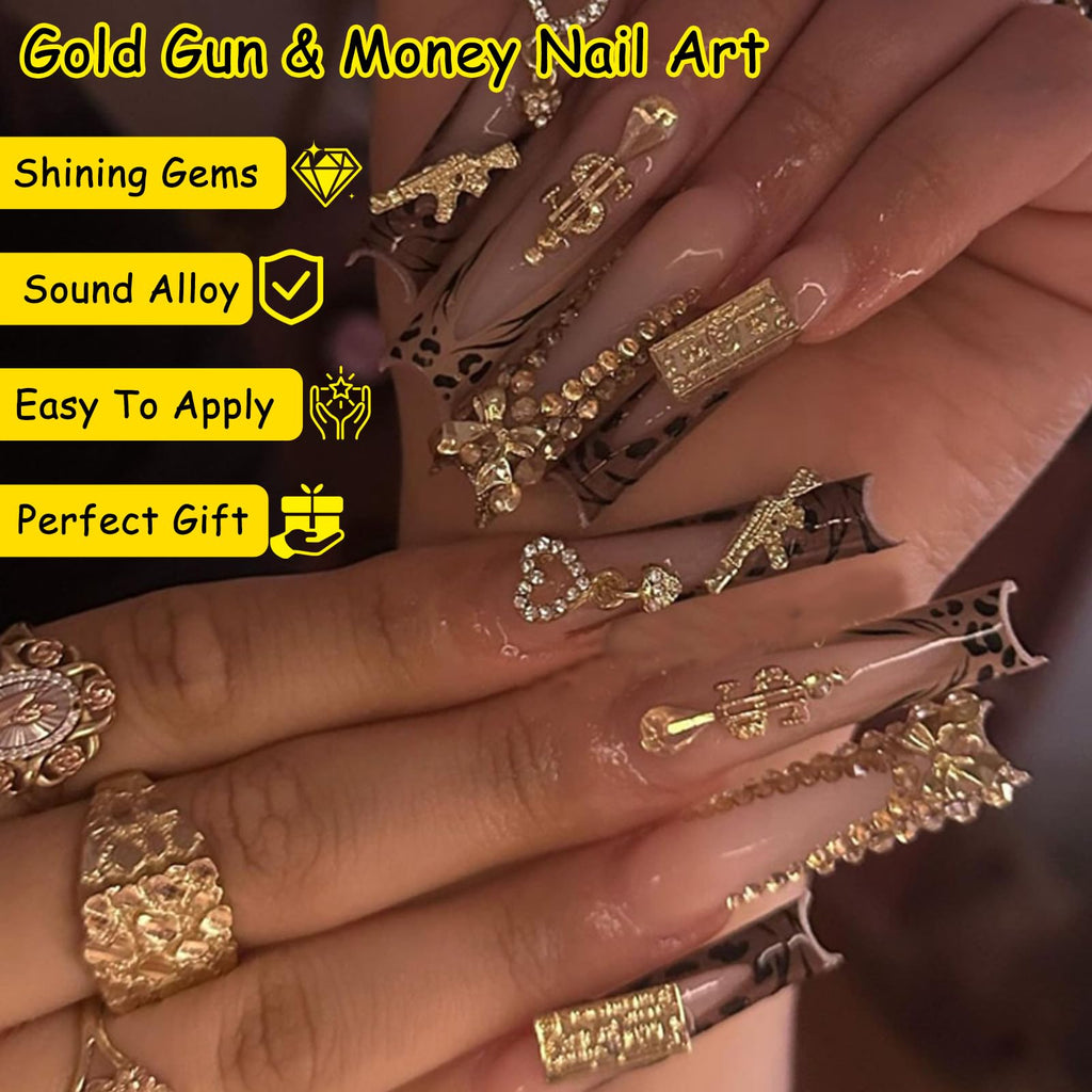 ZUMILLMN 62PCS 3D Nail Charms for Alloy Nails,Set Nail Art Decoration with Gold Dollar, Gun, and Coin,Nail Stones and Jewels Accessories for Nail Supplies Manicure Craft DIY(Gold)