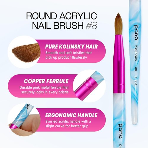 PANA USA Acrylic Nail Brush - Pure Kolinsky Hair with Pink Ferrule | Round Shape, Size 8