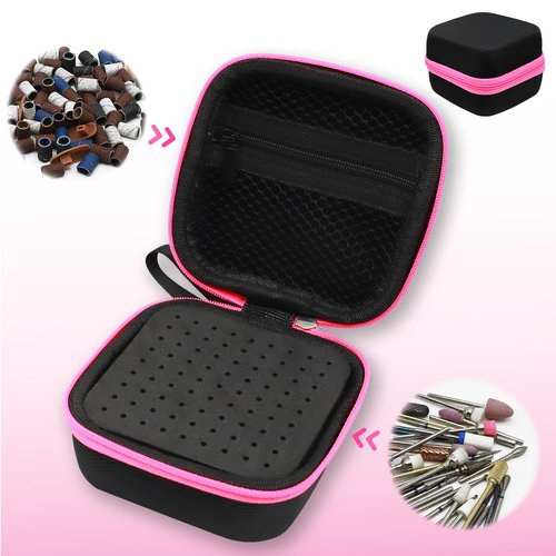 81 Holes Nail Drill Bit Holder (ONLY CASE),Dustproof Portable Organizer Storage Bag with Large Mesh Pocket & High Density Foam to Avoid Slipping & Scratches, Nail Bits Professional Manicure Tools,Pink