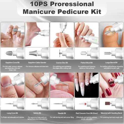 Electric Nail File Drill, Cordless 2000 mAh Rechargeable Nail Filer Electric, Portable Nail Dril Machine Drill for Nails Acrylic Manicure and Thick Toenails Buffer Grinder Care Professional (Silver)