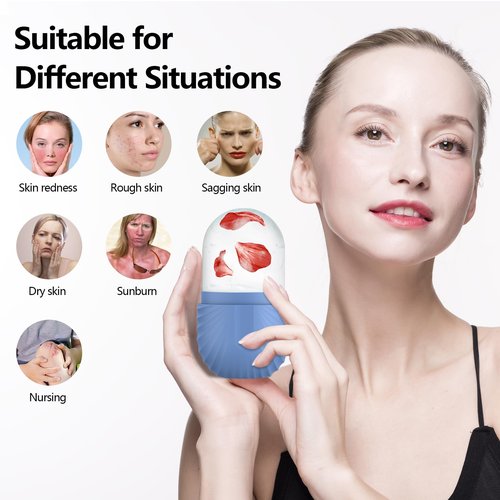 2pcs Ice Roller for Face and Eye, Silicone Ice Facial Roller Ice Holder, Face Ice Mold Skin Care, Face Icers Reusable Ice Cube Roller for Shrink Pores Anti Wrinkle Reduce Puffiness, Black Blue