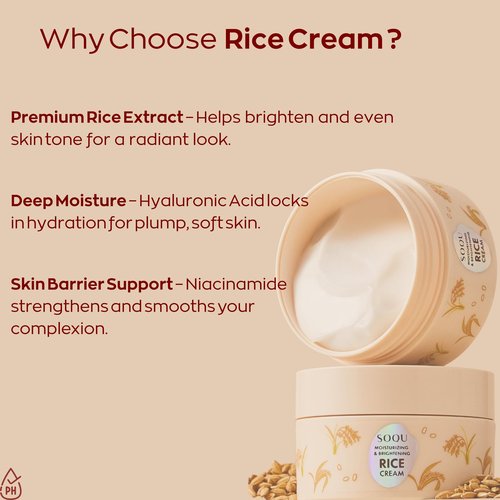 SOQU Moisturizing and Brightening Rice Cream – Deep Hydration, Brightens and Evens Skin Tone – 70g / 2.48oz – Made in Korea