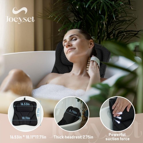 Joeyset Bath Pillows for Tub Head Neck Back Support, Bathtub Pillow 4D Breathable Air Mesh, Spa Relaxing Gifts for Women, Luxury Bathing Accessories with 6 Suction Cups and Hook(Black)