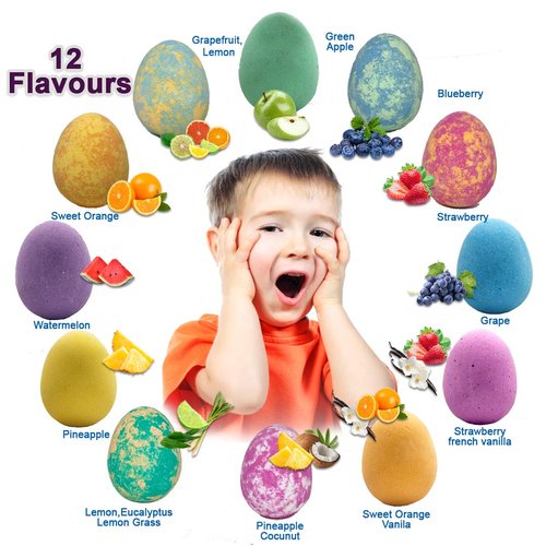 Bath Bombs for Kids with Surprise Inside - 12 Organic Bubble Bath Fizzies with Dragon Egg Toys. Gentle & Kids Friendly w/Rich Bubbles & Rainbow Colors, Easter Basket Essentials for Boys, Girls, Kids