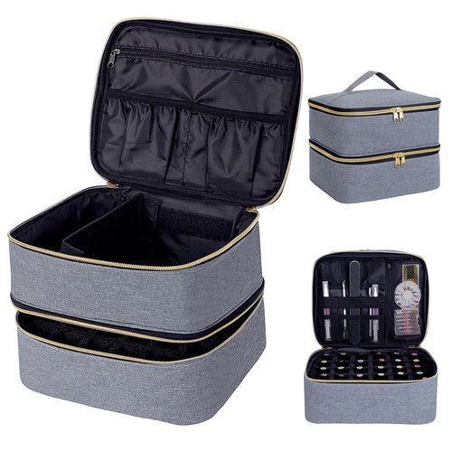 UOZL Nail Polish Organizer, Handheld Double Layer Organizer Holds 30 Bottles (15 ml/0.5 floz) with Adjustable Dividers for Nail Polish Small Manicure Lamp Manicure Tools Essential and Travel,Gray Gold