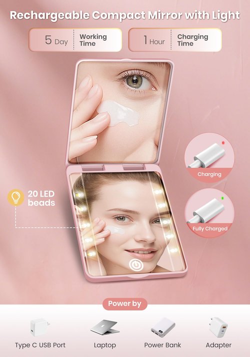 SisKokoro Compact Mirror, Rechargeable 30X Magnifying Mirror with 3 Lighting Modes & Dimmable Brightness, Portable Travel Makeup Mirror with Light, Essentials for Travel, Pocket, Purse Pink