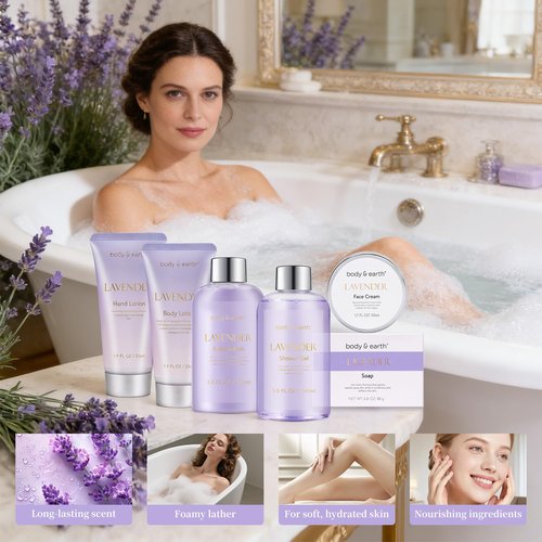 BODY & EARTH Bath and Body Gift Set - 6 Pcs Lavender Bath Kit for Women Spa Set, Perfect Birthday, Mother's Day, Valentine's Day Gift Set for Women Includes Bubble Bath, Shower Gel, Body Lotion
