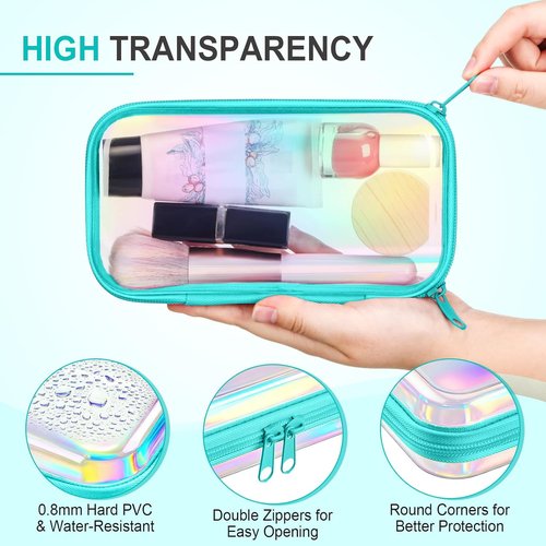 Hoolerry Clear Zipper Makeup Bags - 4 Pcs Transparent Storage Pouches for Cosmetics & Snacks | 7.5 x 3.9 x 2 in, Blue Laser
