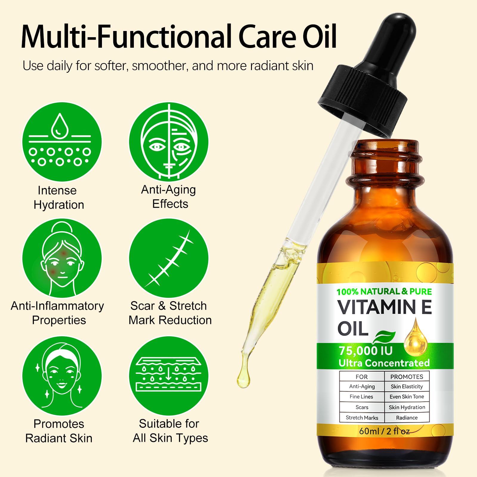 Vitamin E Oil 75,000 IU, Vitamin E Oil for Skin, Scars, Face & Full Body, Moisturize Dry Skin and Radiant Skin, Body Bath Oils, Organic Pure Easy to Absorb