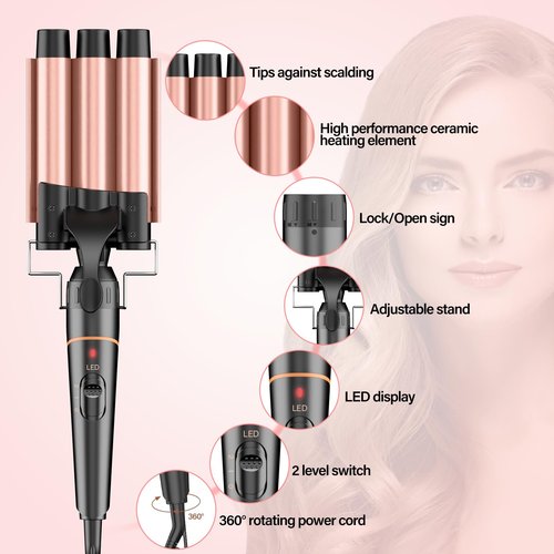 BESTOPE PRO Waver Curling Iron - 3 Barrel Hair Crimper Iron, 5 in 1 Curling Wand Set, Fast Heating Up Hair Wand with 2 Clips, Crimper Wand Curler for All Hair Type, Storage Bag & Heat Protective Glove