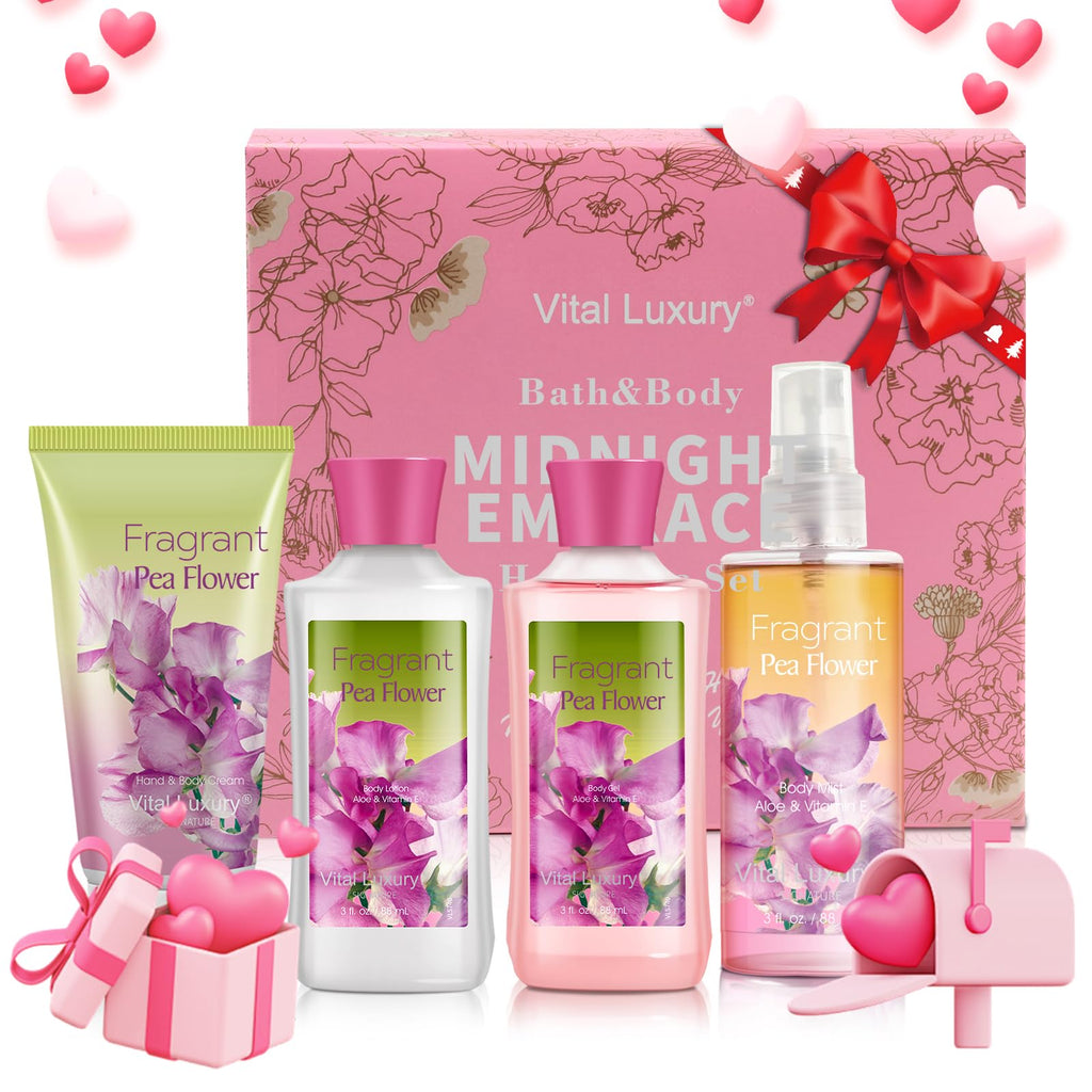 Vital Luxury Sweet Pea Bath & Body Kit, 3 Fl Oz, Ideal Skincare Gift Home Spa Set, Includes Body Lotion, Shower Gel, Body Cream, and Fragrance Mist, Birthday Mother's Valentine's Day Gifts for Her