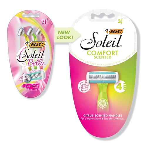 BIC Soleil Comfort Scented Disposable Razors for Women, Sensitive Skin Razor with Aloe Vera and VItamin E Lubricating Strip and 4 Blades, 3 Piece Razor Set