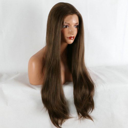 Kalisa Brown Lace Front Wig for Women High Density Long Silky Straight Dark Brown Natural Color Glueless Wig Heat Resistant Fiber Synthetic Pre Plucked Wigs for Daily Wear 24inch