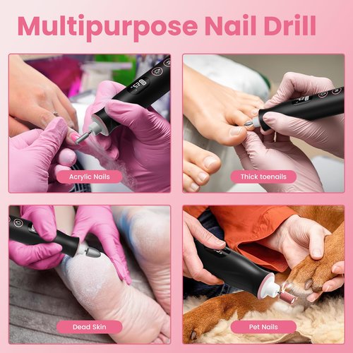 Merloly Nail Drill Kit,Black Cordless Electric Nail File with 10 Speed,10 Bits and LED Light,for Acrylic Nails,Gel Polish Removal and Thick Toenails,Easy for Beginners