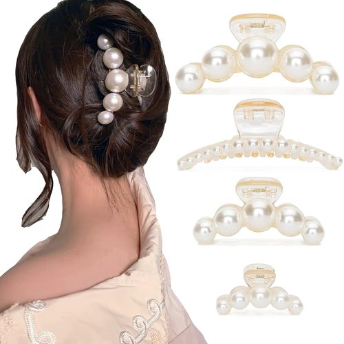 Skiennix Large Pearl Hair Clips - Strong Hold No Slip Claw Clips Set | Perfect for Thick & Thin Hair (4 PCS)