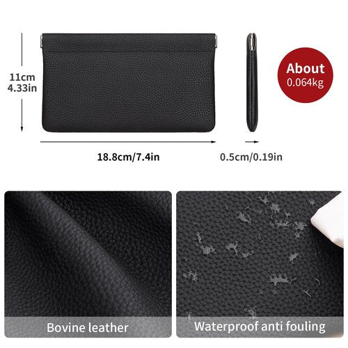 Genuine Leather Pocket Cosmetic Bag for Purse,Coin Purse Lipstick Cosmetic Accessories Travel Pouch for Storage Waterproof Portable No Zipper Self-closing Small Makeup Pouch (Black)