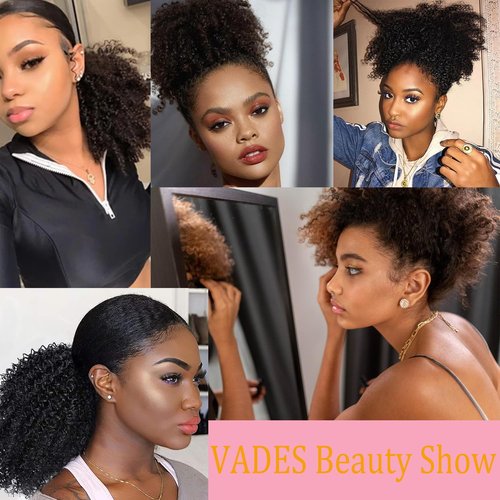 VADES Black Ponytail Extension Human Hair Drawstring Ponytail for Black Women Kinky Curly Short Afro Puff Hair Ponytail 100% Brazilian Virgin Hair #1 Jet Black 8 inch With 3 Stable Combs