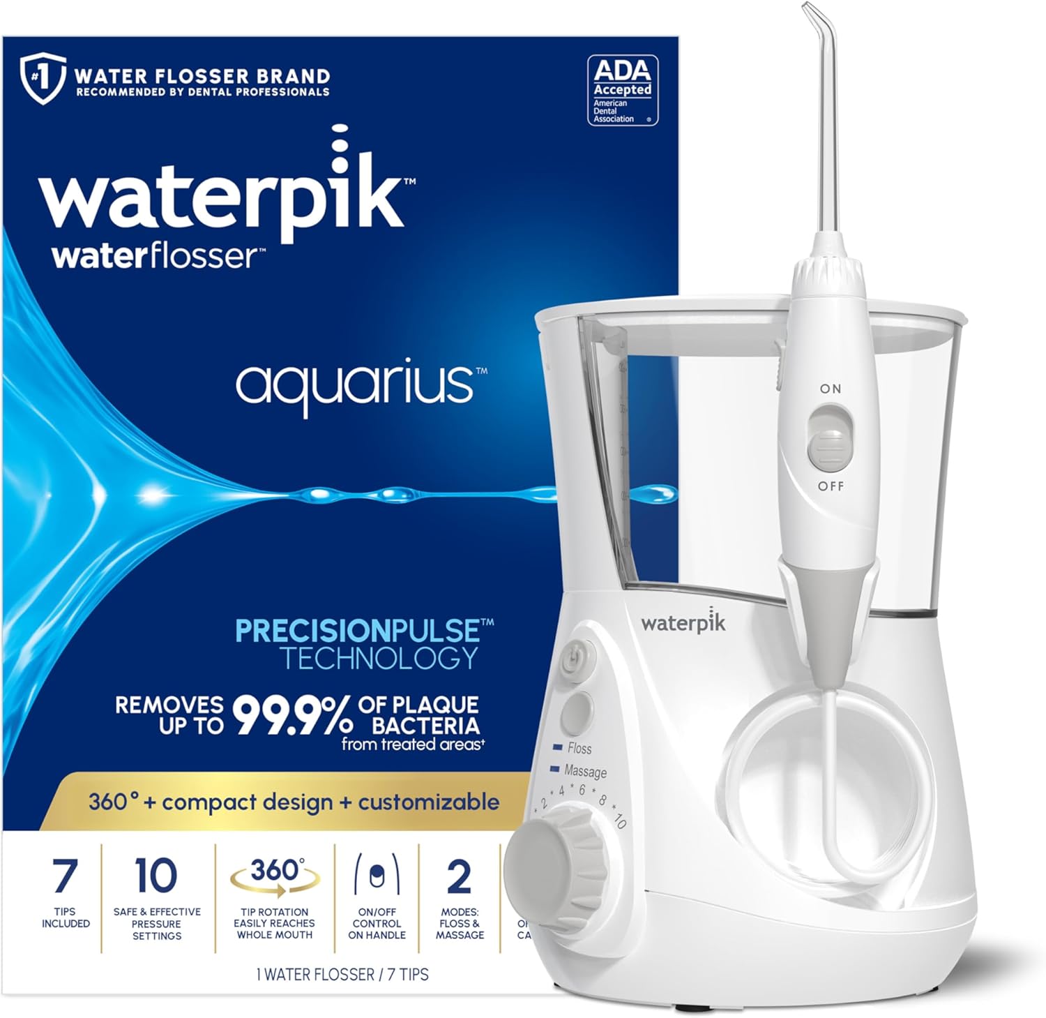 Waterpik Aquarius Water Flosser - Electric Dental Care Device with 10 Settings & 7 Tips - ADA Accepted, White WP-660