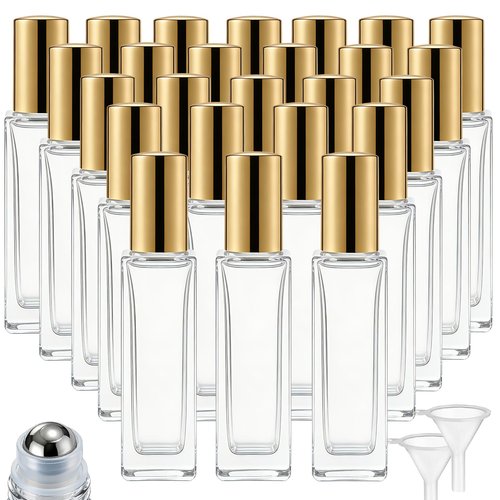 Hzmssore 25 Pcs 10 ml Roller Bottles for Essential Oils, Square Thick Empty Glass Roller Bottles with Stainless Steel Roller Balls Protection Leakproof with 2 Funnel for Travel, Gold