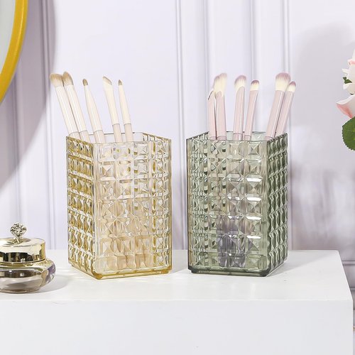 DASITON Makeup Brush Holder Organizer, Acrylic Makeup Brush Cup, Diamond Striped Make Up Brush Holder for Vanity, Bathroom Countertop, Toothbrush Holders, Pen Holder for Desk Storage (Green)