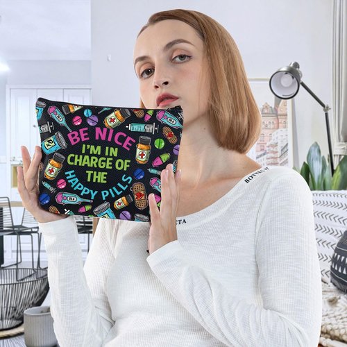 G2TUP RX Pharmacy Technician Funny Makeup Bag I am in Charge of the Happy Pills Gift for Pharmacy Graduation (Be Nice I am New)