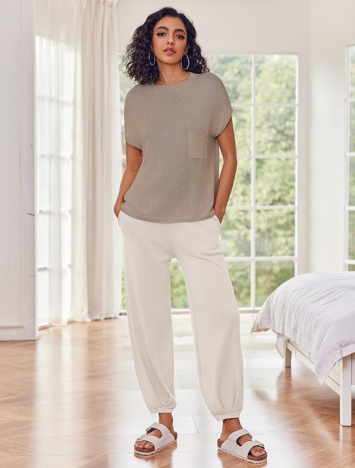Ekouaer Two-Piece Lounge Set - Cozy Knit Sweater Top & Jogger Pants | Perfect for Relaxing