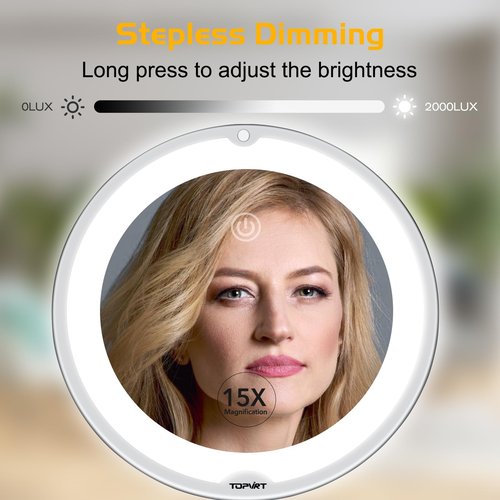 TOPVIRT Flexible 15X Magnifying Suction Mirror - Dimmable LED Vanity Mirror, Power Suction Cup, Portable for Home Bathroom - Ideal for Detailed Makeup Eyeshadow Eyeliner (Large)