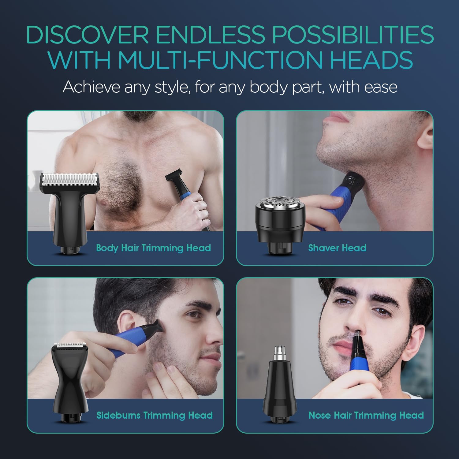 VOYOR Beard Trimmer for Men - All-in-One Electric Razor with Adjustable Length Combs | Cordless Wet/Dry Grooming Kit (Blue)
