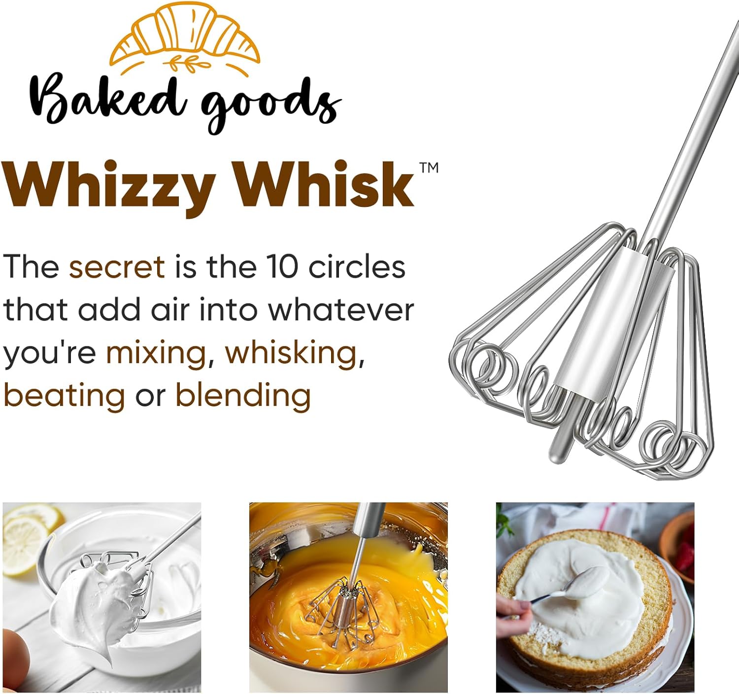 Whizzy Whisk - Stainless Steel Egg Whisk | Versatile Hand Push Rotary Blender (12in)