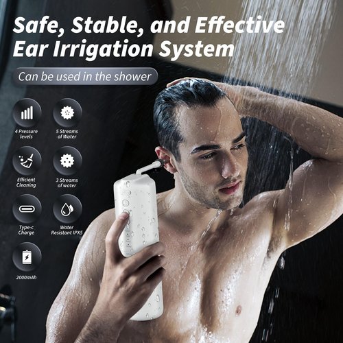 Ear Wax Removal - Electric Ear Irrigation Flushing System, Water Powered Ear Cleaner with 4 Pressure Modes, Safe and Effective Ear Cleaning Tool, Water Resistant USB Rechargeable (White)